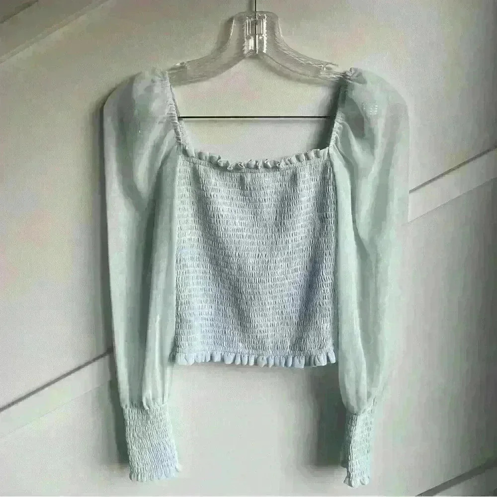 Wilfred Aritzia  Saga Smocked Blouse Aura Blue Light Glow size XXS - Picture 5 of 9